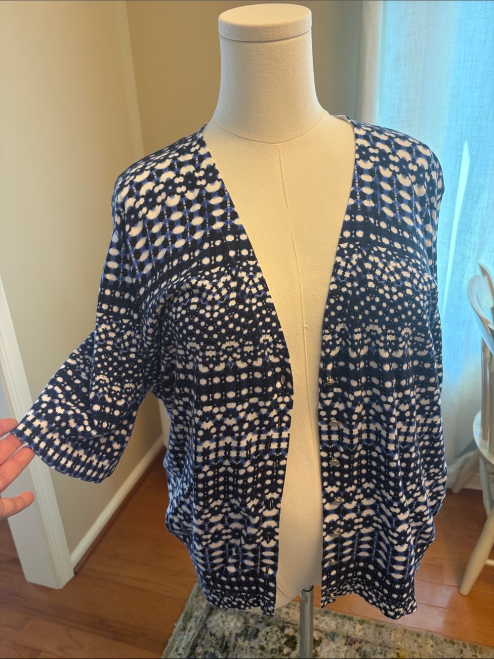 Talbots Navy and White Open-Front Printed Cardigan